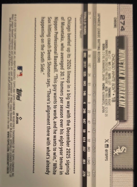 2026 Topps Chrome Murakami Munetaka #274 X-Fractor Blue /150