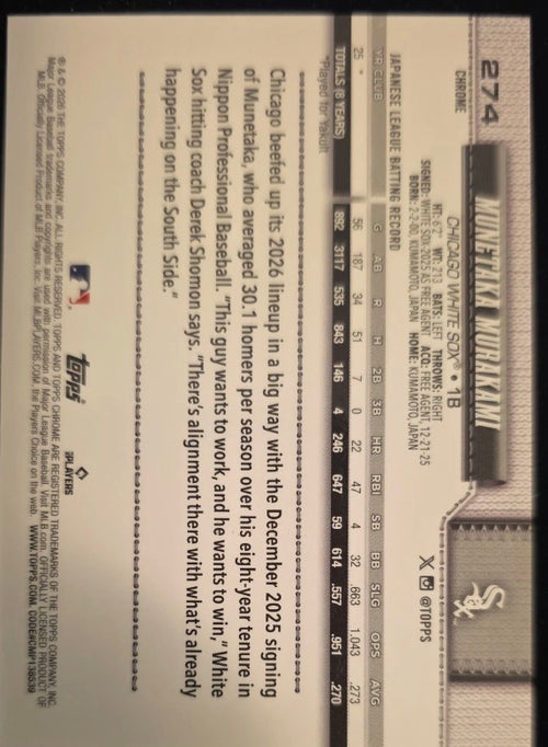 2026 Topps Chrome Murakami Munetaka #274 X-Fractor Blue /150